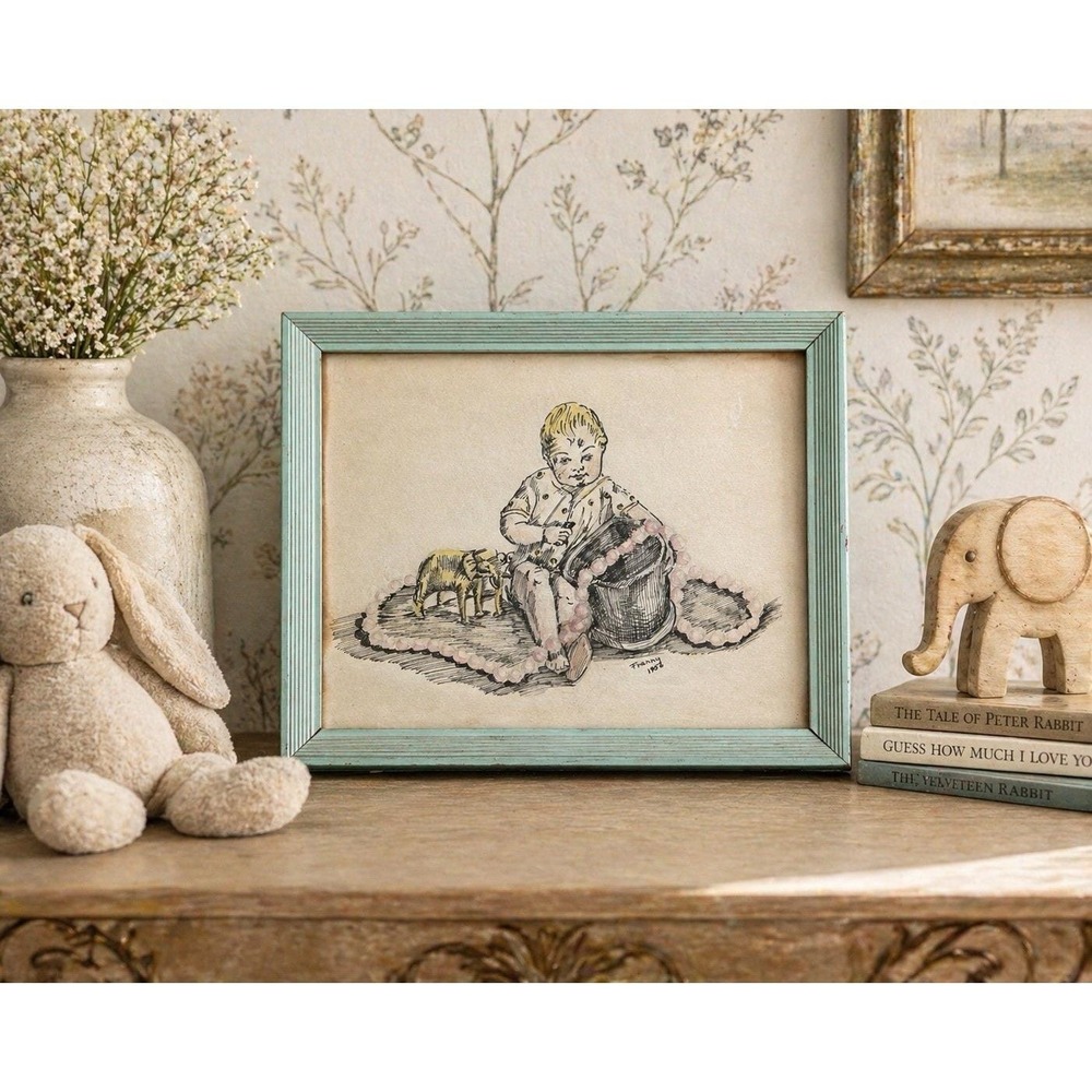 Framed Art Boy W/ Toy Car Beads Elephant 1950s Signed Franny 1956 Original 10x8"